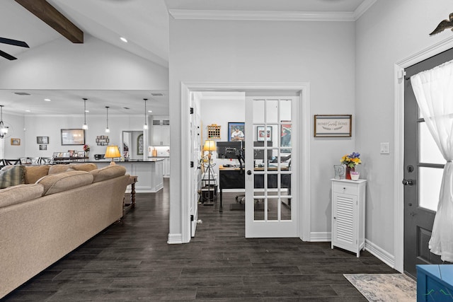 entrance foyer with vaulted ceiling with beams, a healthy amount of sunlight, and dark hardwood / wood-style flooring