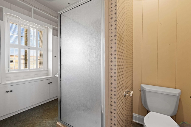 bathroom with a stall shower and toilet