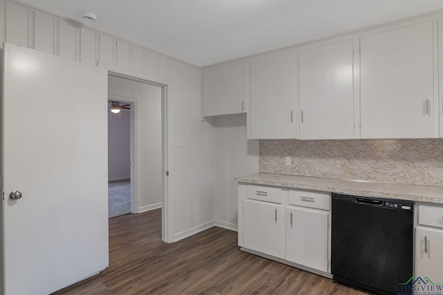 kitchen with ceiling fan, dishwasher, white cabinets, and dark wood-type flooring