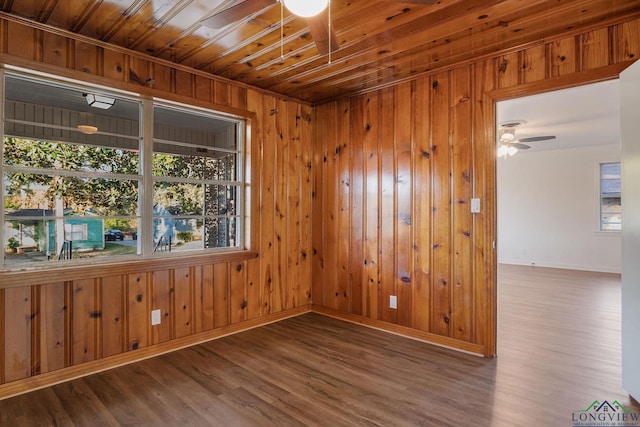 empty room featuring hardwood / wood-style floors, ceiling fan, wooden ceiling, and wood walls