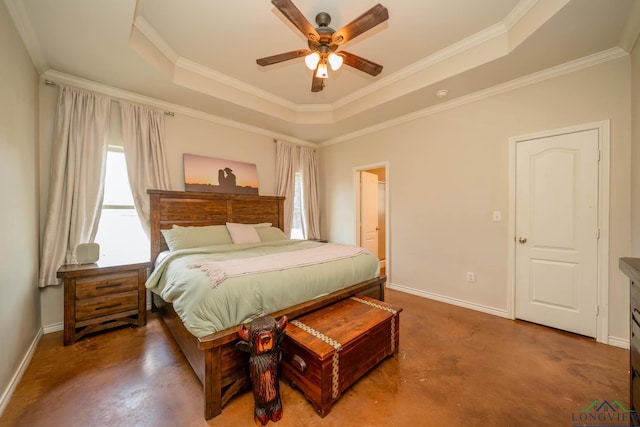 16591 Landons Way, Winona, TX 75792 - bedroom with multiple windows, a tray ceiling, finished concrete flooring, and ornamental molding