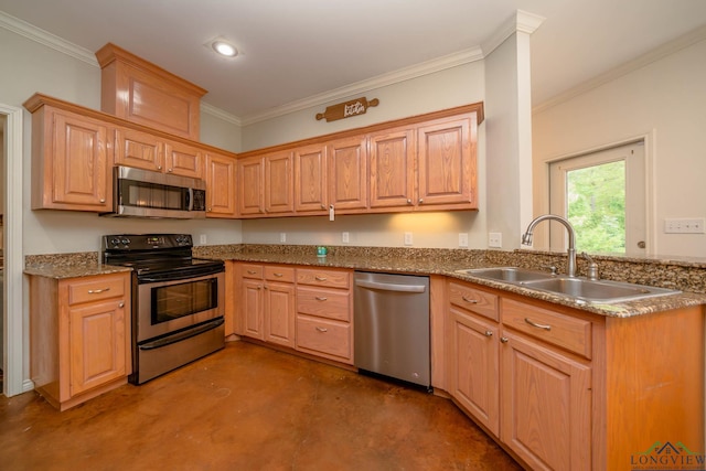 16591 Landons Way, Winona, TX 75792 - kitchen with stainless steel appliances, concrete floors, crown molding, a peninsula, and recessed lighting