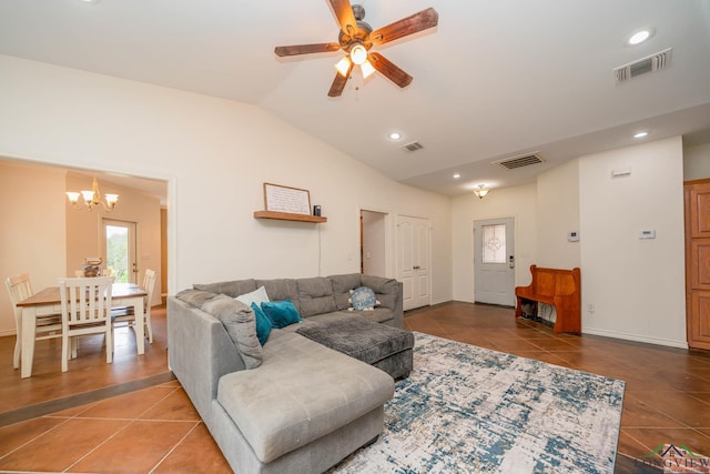 16591 Landons Way, Winona, TX 75792 - living room with tile patterned flooring, a chandelier, vaulted ceiling, recessed lighting, and a ceiling fan