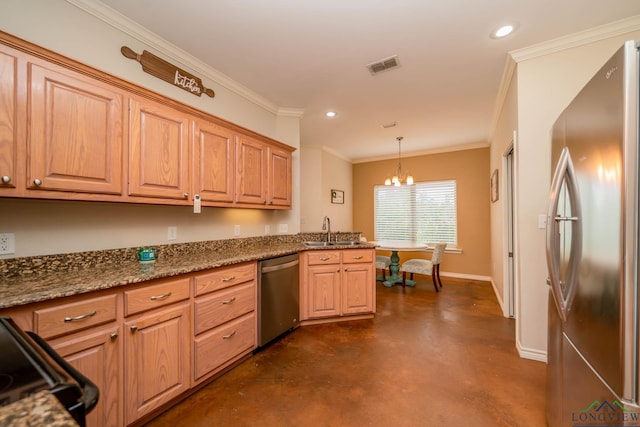 16591 Landons Way, Winona, TX 75792 - kitchen with appliances with stainless steel finishes, concrete flooring, recessed lighting, crown molding, and a chandelier