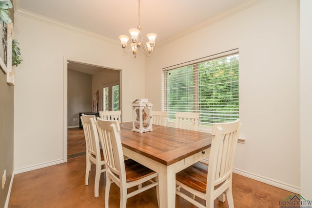 16591 Landons Way, Winona, TX 75792 - dining room with a chandelier, ornamental molding, and finished concrete floors