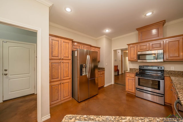 16591 Landons Way, Winona, TX 75792 - kitchen with stainless steel appliances, finished concrete floors, crown molding, recessed lighting, and brown cabinets