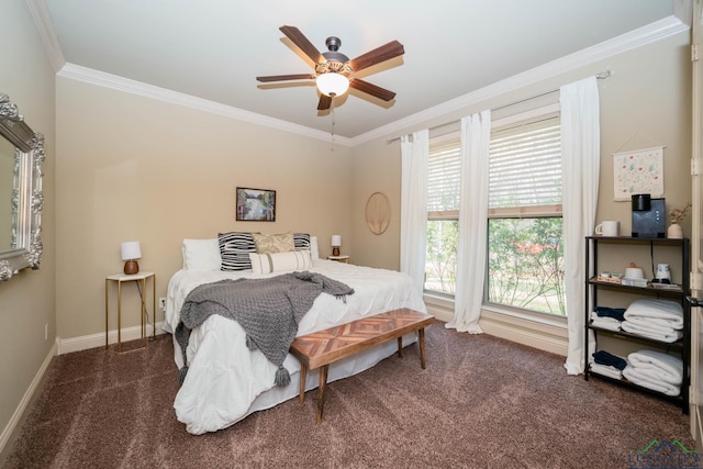 bedroom featuring dark colored carpet, ceiling fan, and ornamental molding