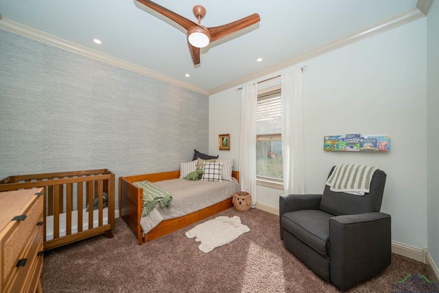 carpeted bedroom with ceiling fan and crown molding