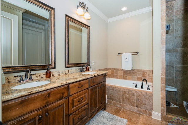 bathroom featuring tile patterned floors, crown molding, vanity, and independent shower and bath