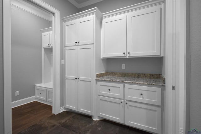 mudroom with dark hardwood / wood-style floors and crown molding