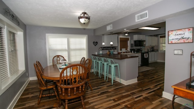 dining room with a textured ceiling, sink, and dark hardwood / wood-style floors