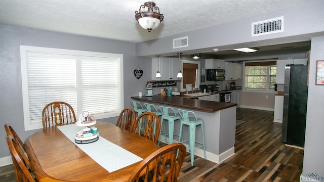 dining space with sink, dark hardwood / wood-style flooring, and a textured ceiling