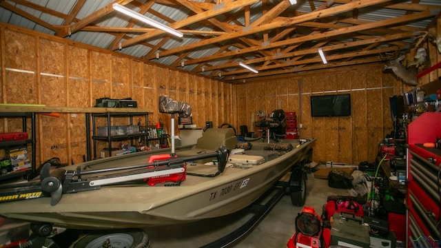 garage with wood walls