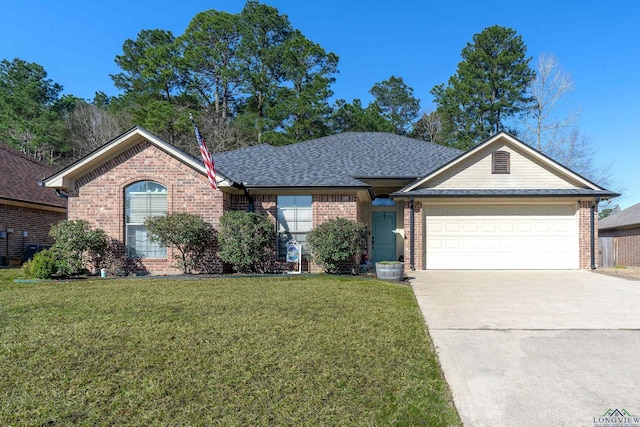 single story home featuring brick siding, an attached garage, a front yard, roof with shingles, and driveway