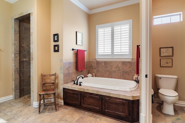 bathroom with toilet, shower with separate bathtub, and crown molding