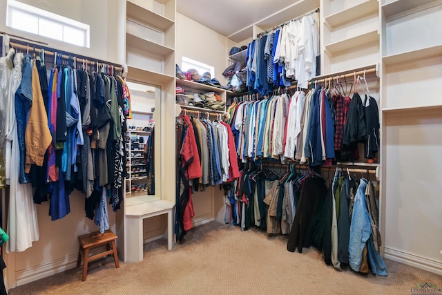 spacious closet featuring light colored carpet