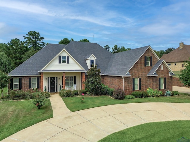 view of front of home featuring covered porch and a front lawn