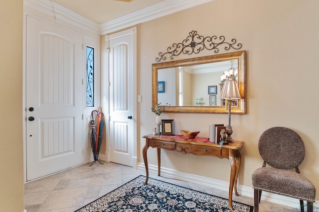 entryway featuring an inviting chandelier and ornamental molding