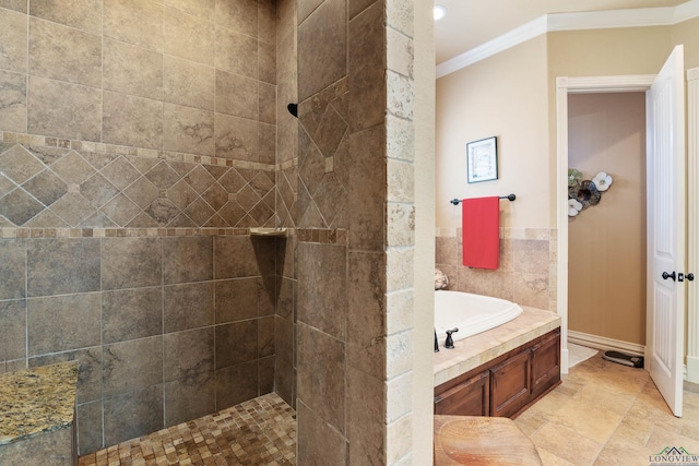 bathroom with separate shower and tub and crown molding