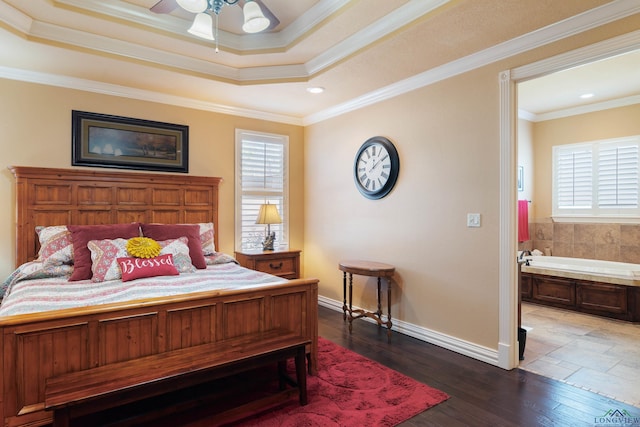 bedroom with ceiling fan, crown molding, and multiple windows