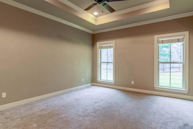 spare room featuring ornamental molding, light colored carpet, ceiling fan, and a tray ceiling