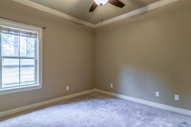 spare room featuring light colored carpet, ornamental molding, and ceiling fan