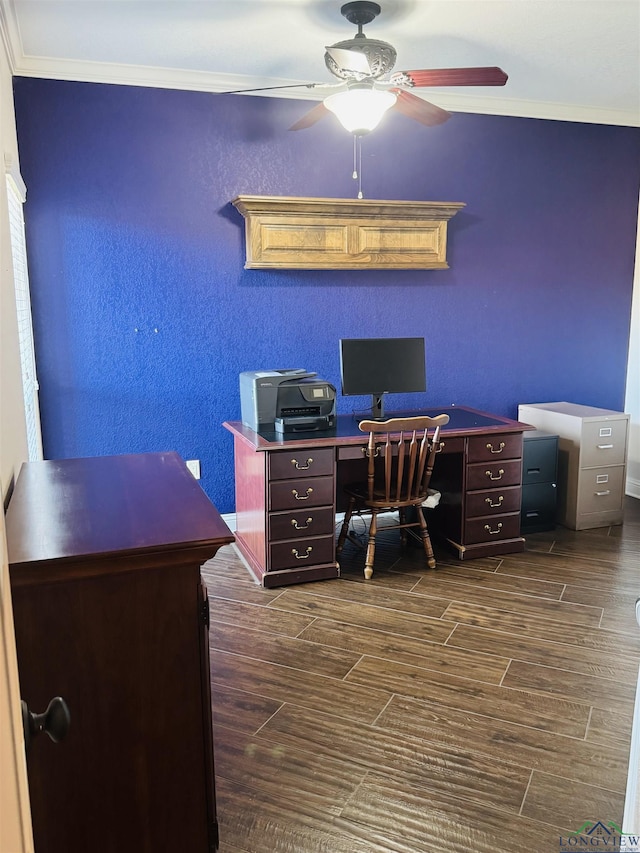 office space featuring ceiling fan and crown molding