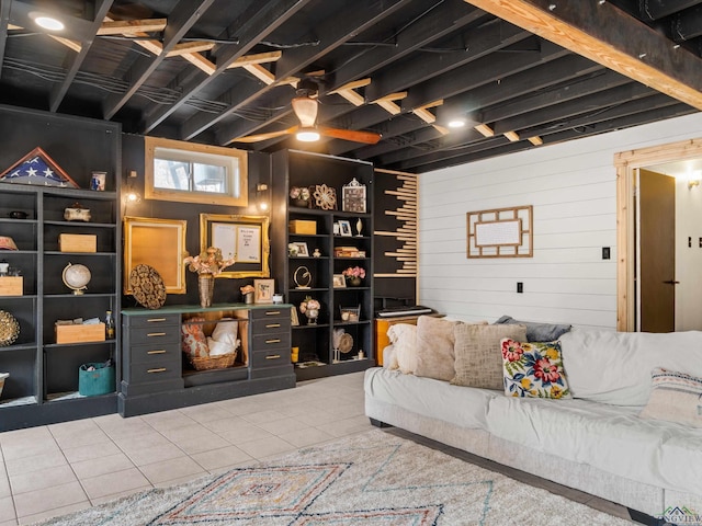 living room featuring a fireplace and tile patterned flooring