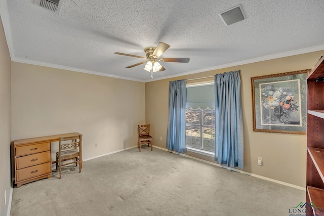 sitting room with light carpet, crown molding, ceiling fan, and a textured ceiling