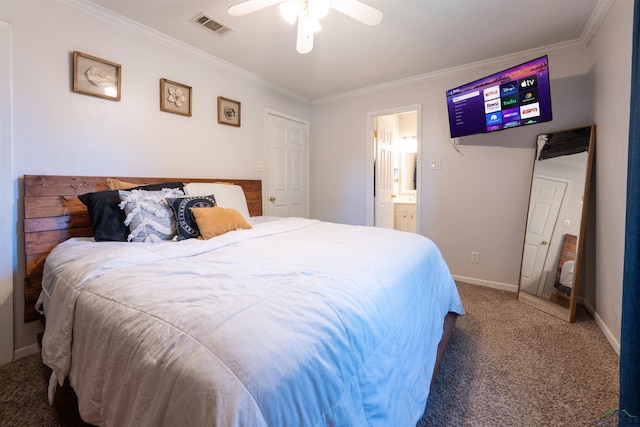 bedroom featuring baseboards, carpet floors, ornamental molding, and visible vents