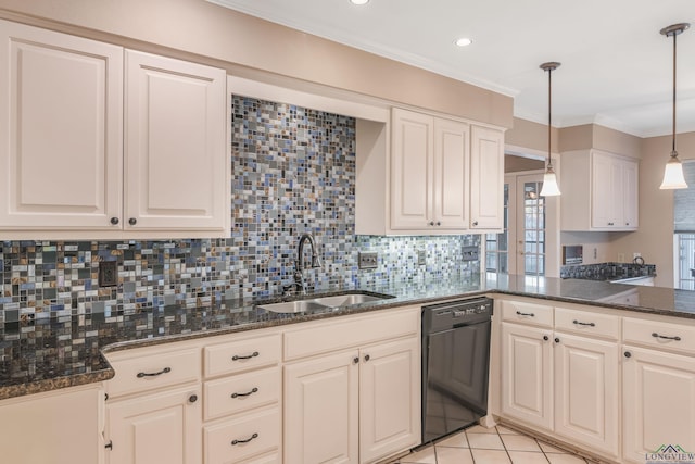 kitchen with sink, hanging light fixtures, black dishwasher, backsplash, and dark stone counters