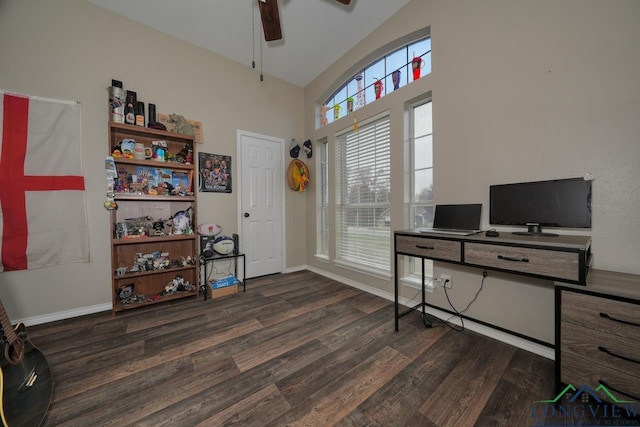 846 Edgewood Cir, Lindale, TX 75771 - office space with dark wood-style floors, ceiling fan, high vaulted ceiling, and baseboards