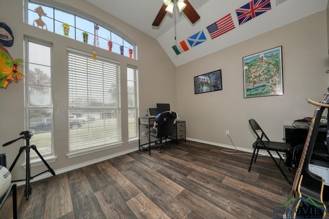 846 Edgewood Cir, Lindale, TX 75771 - office area featuring ceiling fan, vaulted ceiling, dark wood-style floors, and baseboards