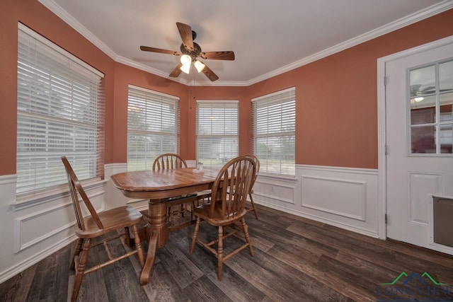 846 Edgewood Cir, Lindale, TX 75771 - dining space with ceiling fan, dark wood-style flooring, a wainscoted wall, crown molding, and healthy amount of natural light
