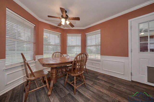 846 Edgewood Cir, Lindale, TX 75771 - dining room featuring wood finished floors, wainscoting, a ceiling fan, plenty of natural light, and crown molding