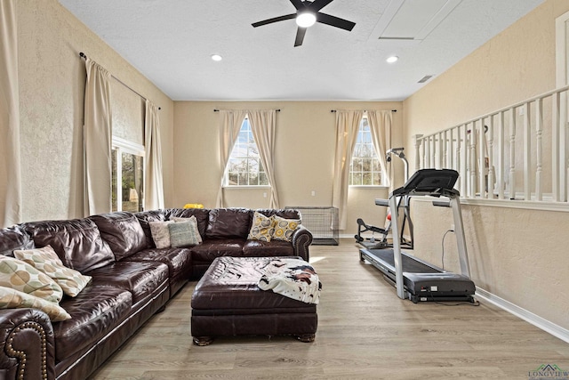 living room featuring ceiling fan and light wood-type flooring