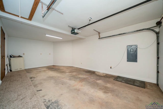 garage with electric panel, baseboards, and a garage door opener