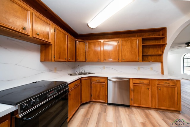 kitchen with black range with electric cooktop, a sink, brown cabinets, dishwasher, and open shelves