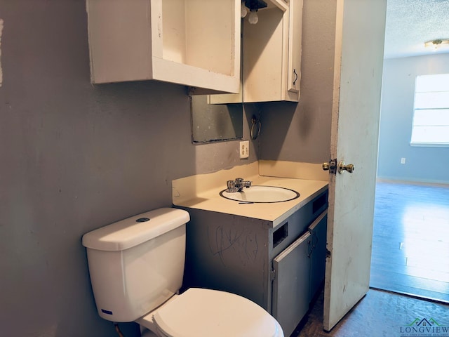 bathroom with vanity, a textured ceiling, and toilet