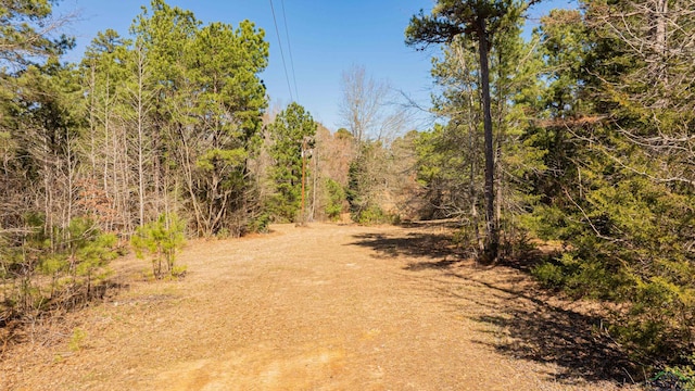 exterior space featuring a wooded view