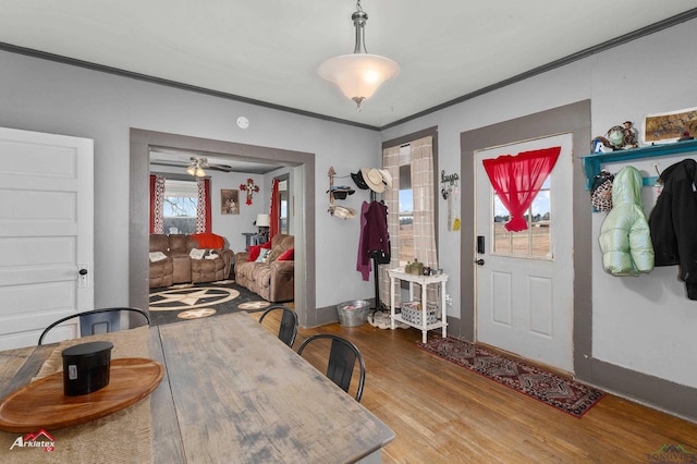 entryway featuring hardwood / wood-style floors, ornamental molding, and a healthy amount of sunlight