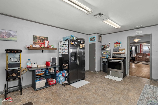 kitchen featuring crown molding, stainless steel electric stove, and fridge with ice dispenser