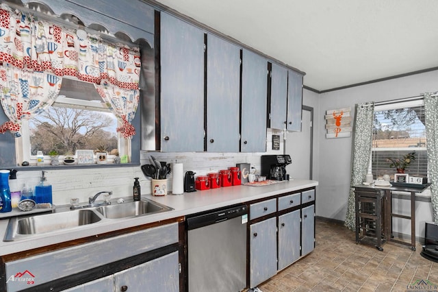 kitchen featuring crown molding, dishwasher, and sink