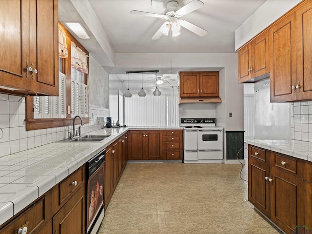 kitchen featuring tile countertops, light floors, white electric range, a sink, and dishwasher