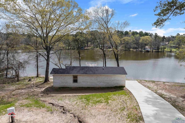 exterior space featuring a water view