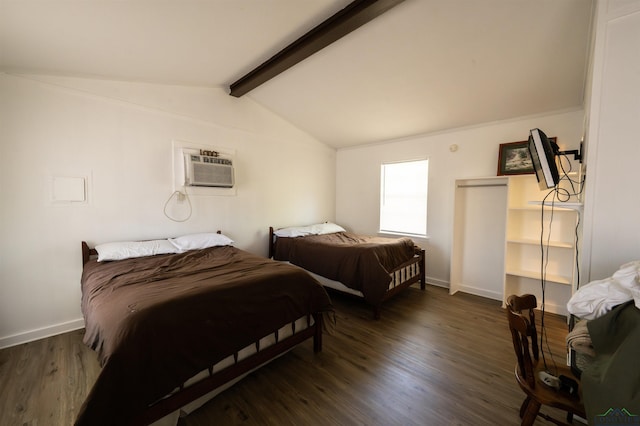 8880 Fm 729, Avinger, TX 75630 - bedroom featuring baseboards, lofted ceiling with beams, a wall mounted AC, and wood finished floors