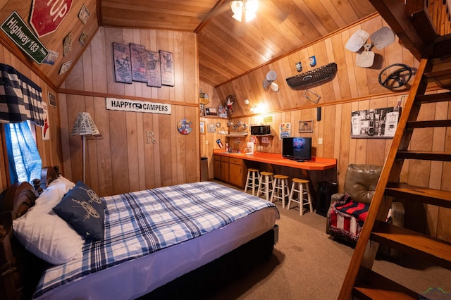 8880 Fm 729, Avinger, TX 75630 - carpeted bedroom featuring wood ceiling, wood walls, and vaulted ceiling