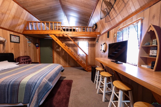 8880 Fm 729, Avinger, TX 75630 - bedroom featuring wooden ceiling, carpet, wooden walls, and lofted ceiling