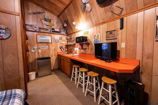 8880 Fm 729, Avinger, TX 75630 - bar featuring wooden ceiling, wooden walls, lofted ceiling, light colored carpet, and a dry bar