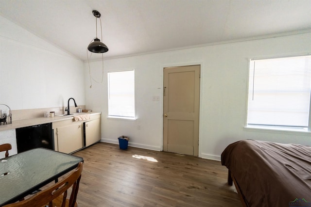 8880 Fm 729, Avinger, TX 75630 - interior space featuring light countertops, a sink, refrigerator, light wood finished floors, and lofted ceiling